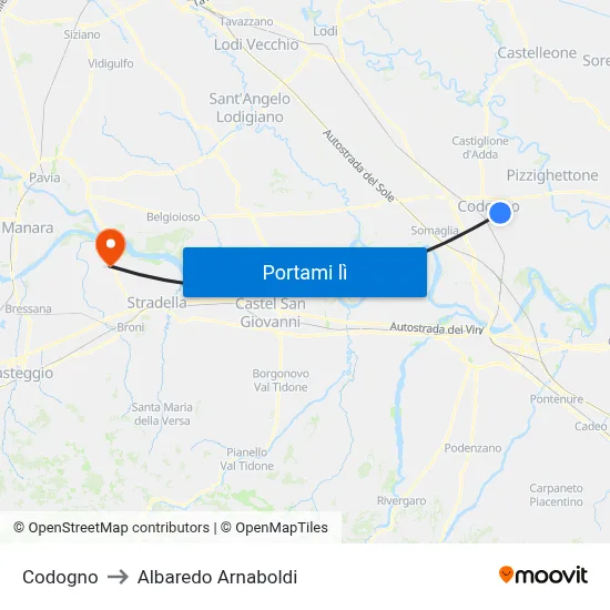 Codogno to Albaredo Arnaboldi map