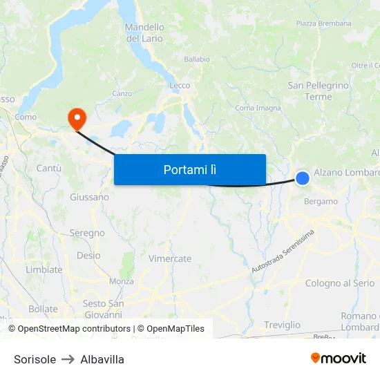 Sorisole to Albavilla map