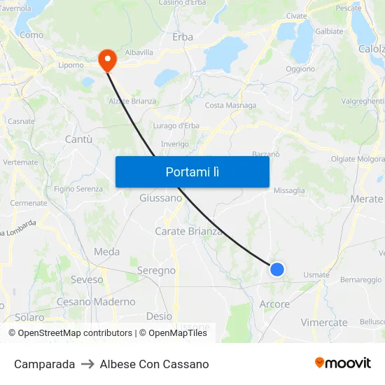 Camparada to Albese Con Cassano map