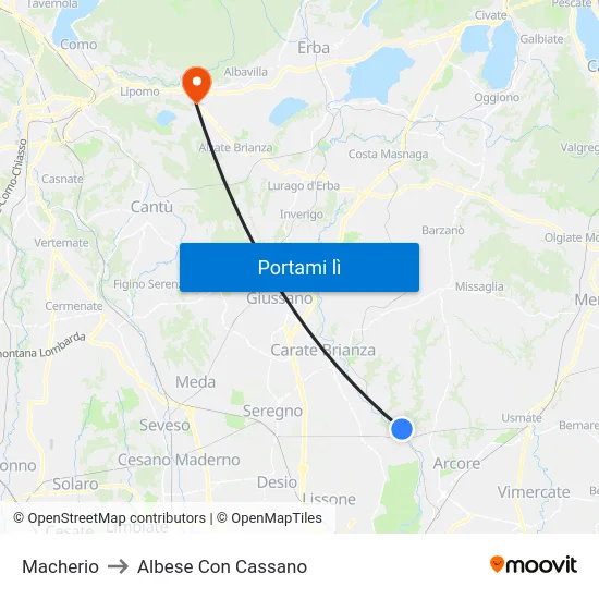 Macherio to Albese Con Cassano map