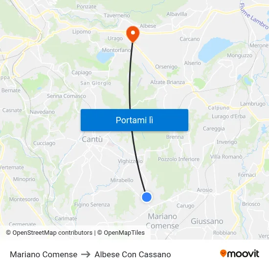 Mariano Comense to Albese Con Cassano map