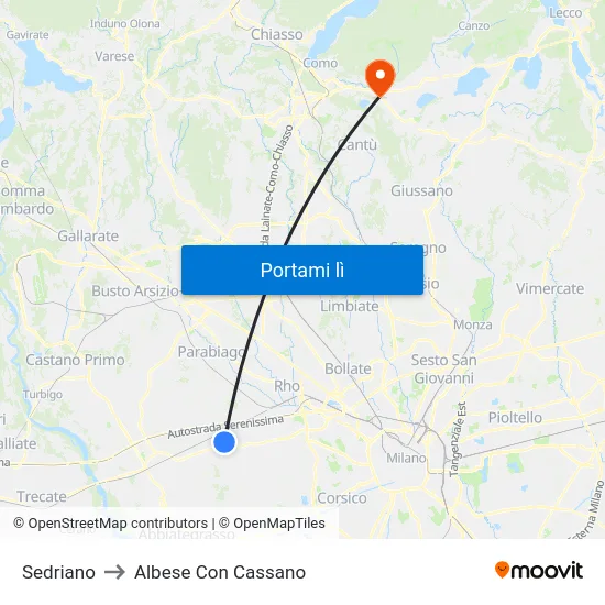 Sedriano to Albese Con Cassano map