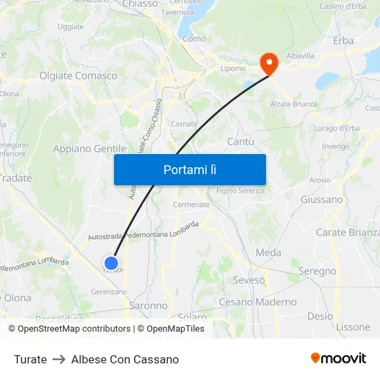 Turate to Albese Con Cassano map