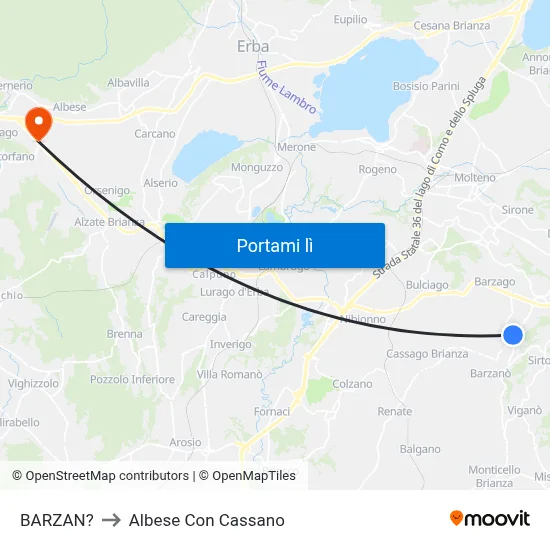 BARZAN? to Albese Con Cassano map