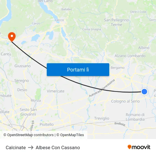 Calcinate to Albese Con Cassano map