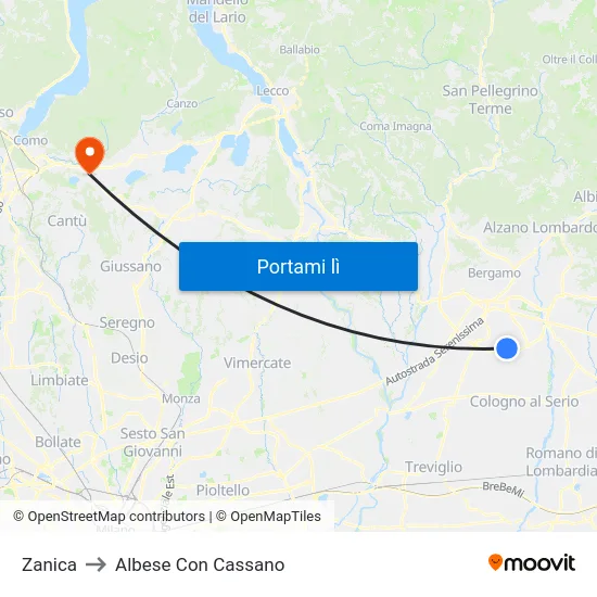 Zanica to Albese Con Cassano map