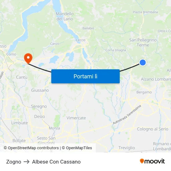 Zogno to Albese Con Cassano map