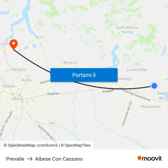 Prevalle to Albese Con Cassano map