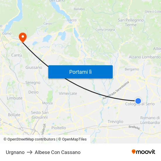 Urgnano to Albese Con Cassano map