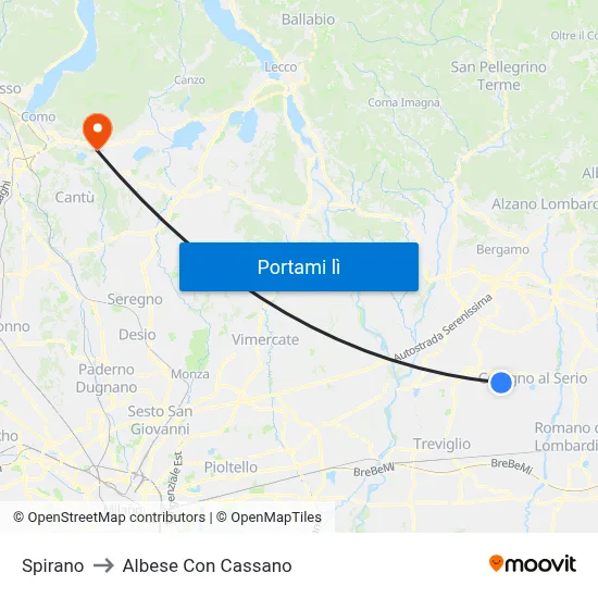 Spirano to Albese Con Cassano map