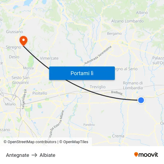 Antegnate to Albiate map