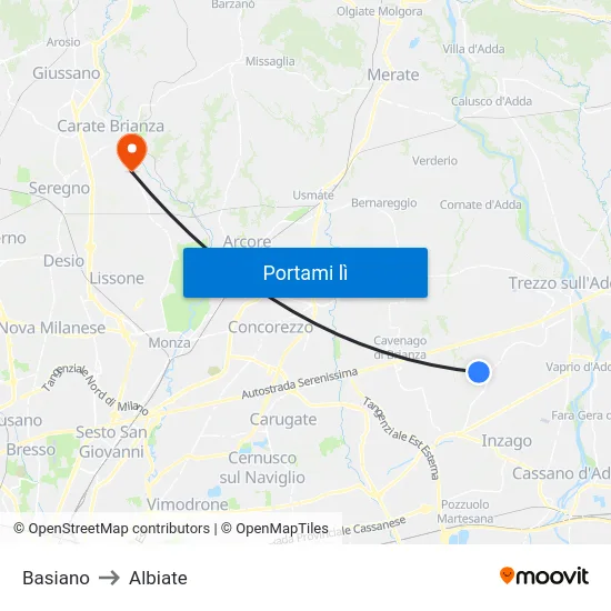 Basiano to Albiate map