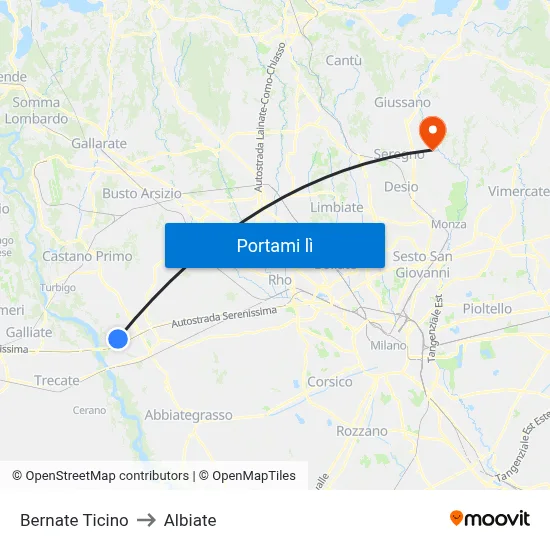 Bernate Ticino to Albiate map