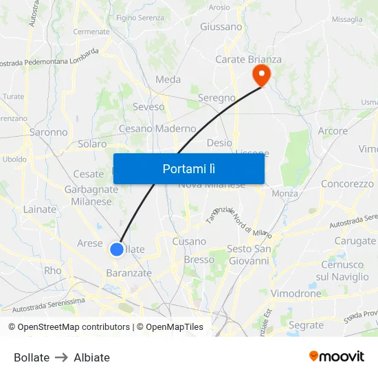 Bollate to Albiate map