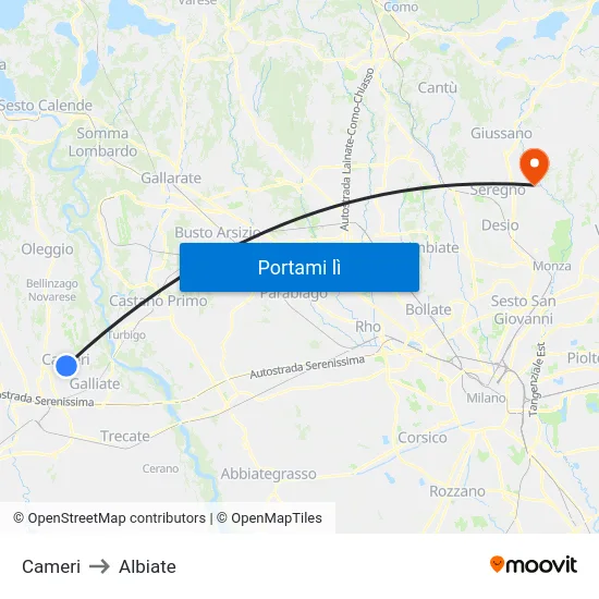 Cameri to Albiate map