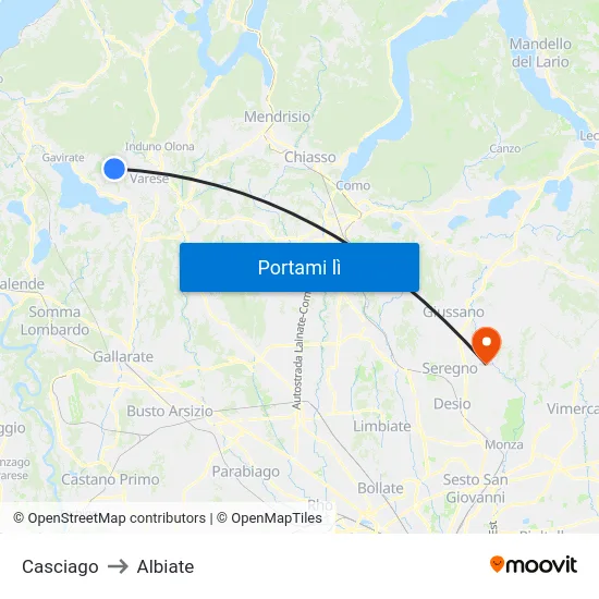 Casciago to Albiate map