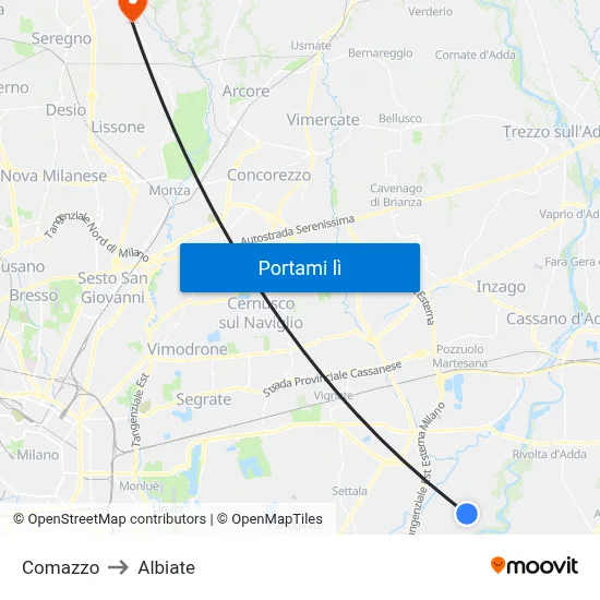 Comazzo to Albiate map