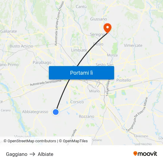 Gaggiano to Albiate map
