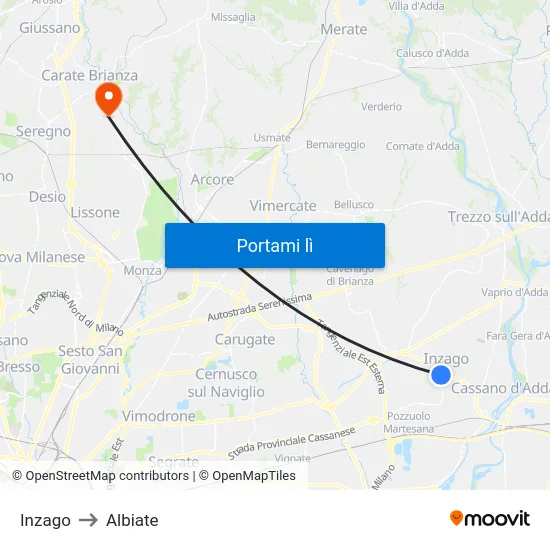 Inzago to Albiate map