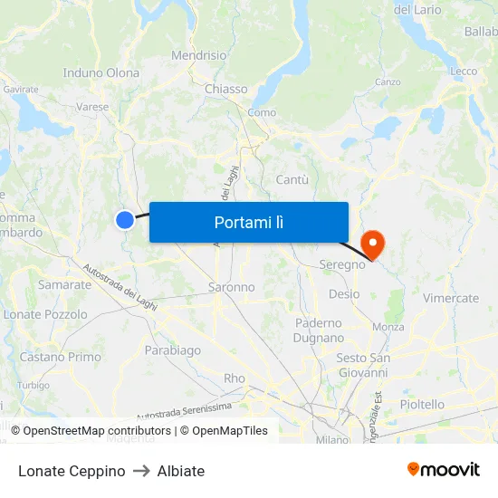 Lonate Ceppino to Albiate map