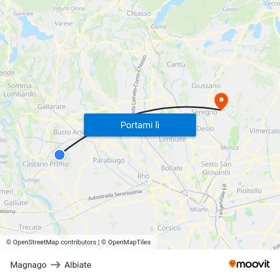 Magnago to Albiate map