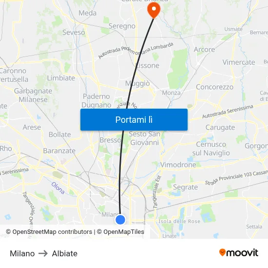 Milano to Albiate map