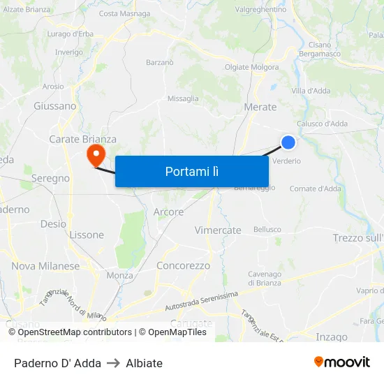 Paderno D' Adda to Albiate map