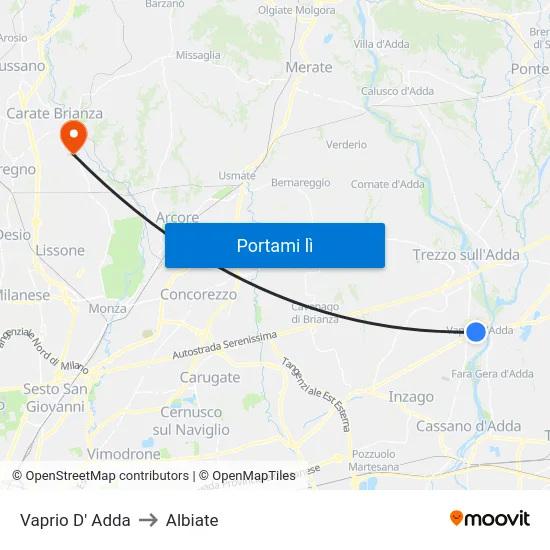 Vaprio D' Adda to Albiate map