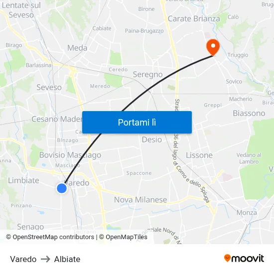 Varedo to Albiate map