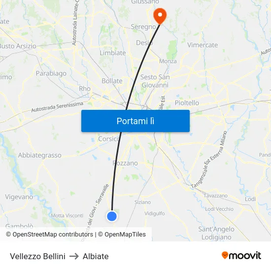 Vellezzo Bellini to Albiate map