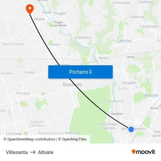 Villasanta to Albiate map