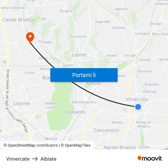 Vimercate to Albiate map
