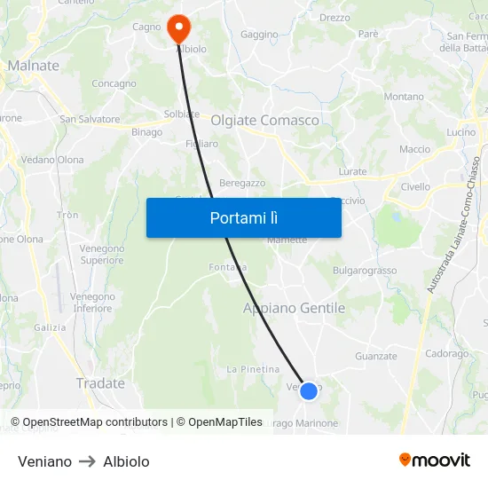 Veniano to Albiolo map