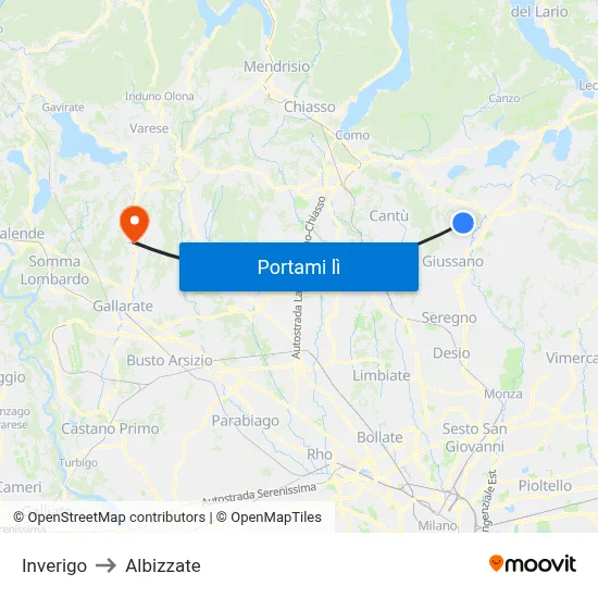 Inverigo to Albizzate map