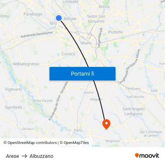 Arese to Albuzzano map