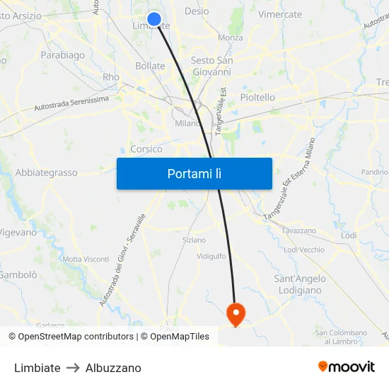 Limbiate to Albuzzano map