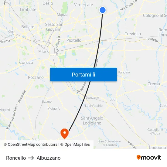 Roncello to Albuzzano map