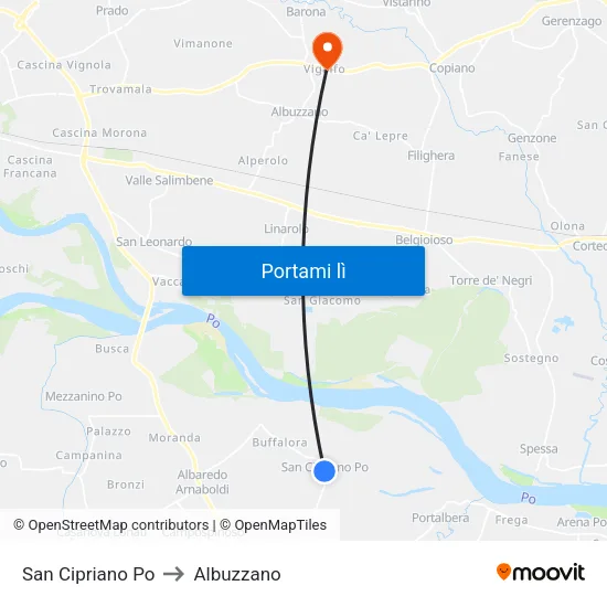 San Cipriano Po to Albuzzano map
