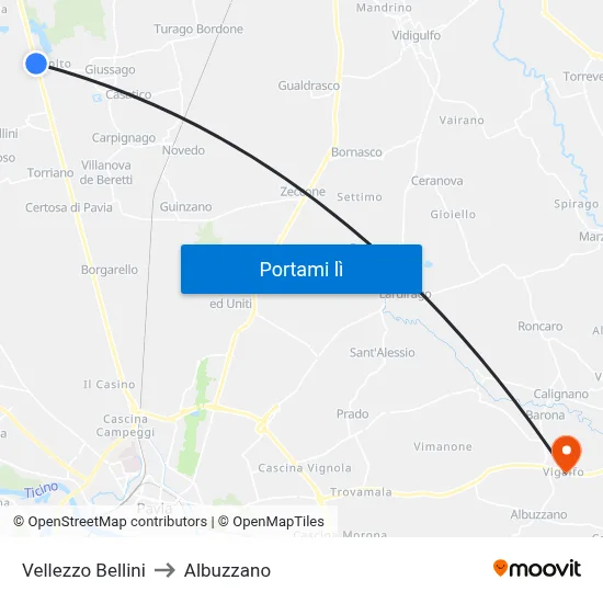 Vellezzo Bellini to Albuzzano map