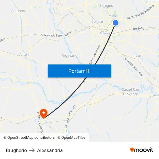 Brugherio to Alessandria map