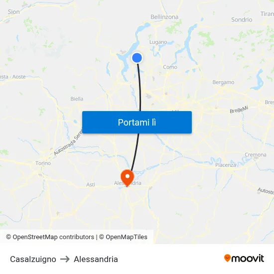 Casalzuigno to Alessandria map