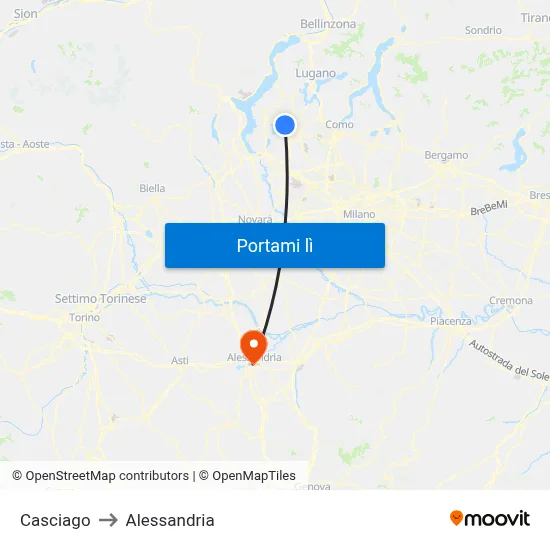 Casciago to Alessandria map