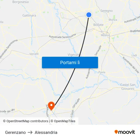 Gerenzano to Alessandria map