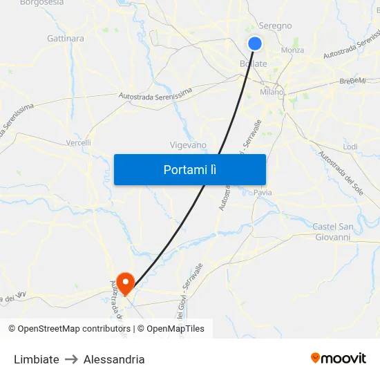 Limbiate to Alessandria map