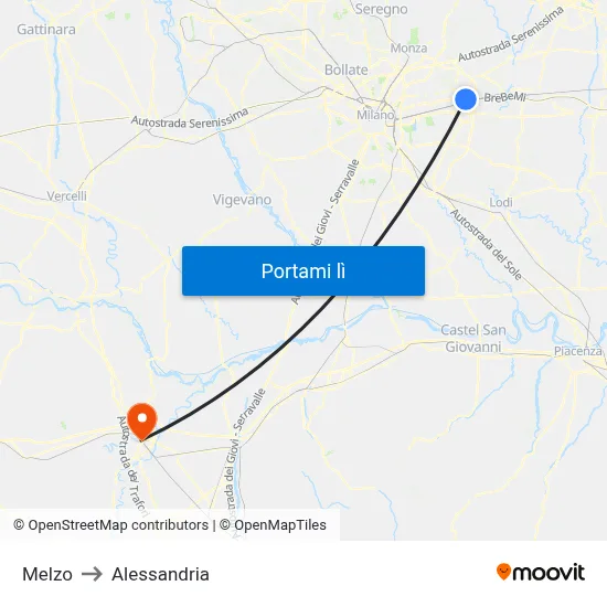 Melzo to Alessandria map