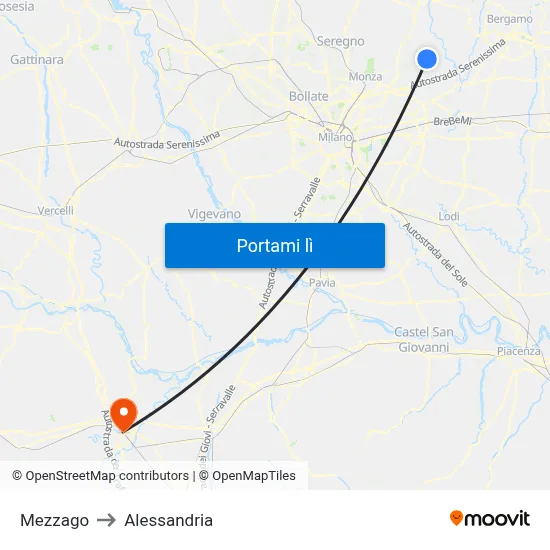 Mezzago to Alessandria map