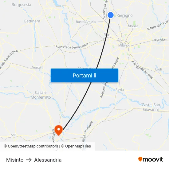 Misinto to Alessandria map