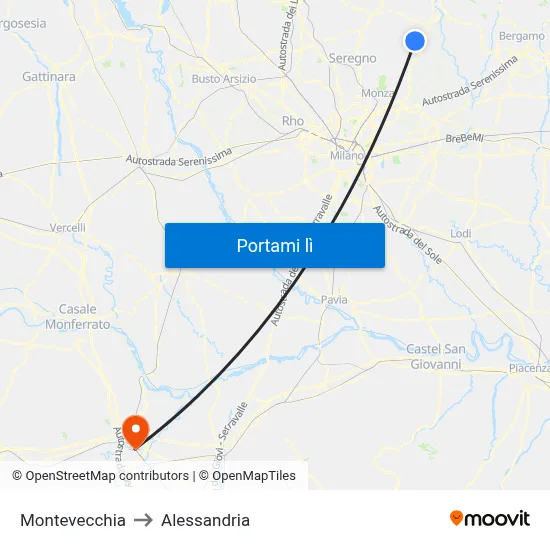Montevecchia to Alessandria map