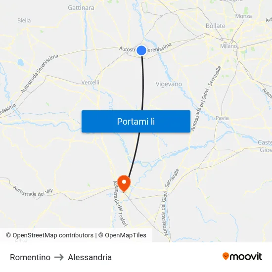 Romentino to Alessandria map