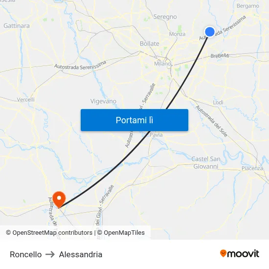 Roncello to Alessandria map